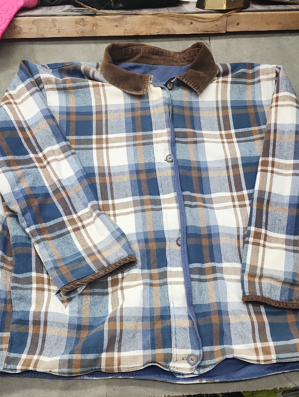 Vtg St. John's Bay Blue, Brown & White Plaid Shirt Jacket Reversible